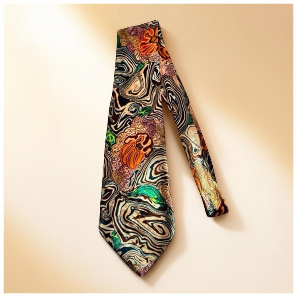 Bijan Black Silk Floral Tie – Orange Medallion Print Luxury Designer Necktie